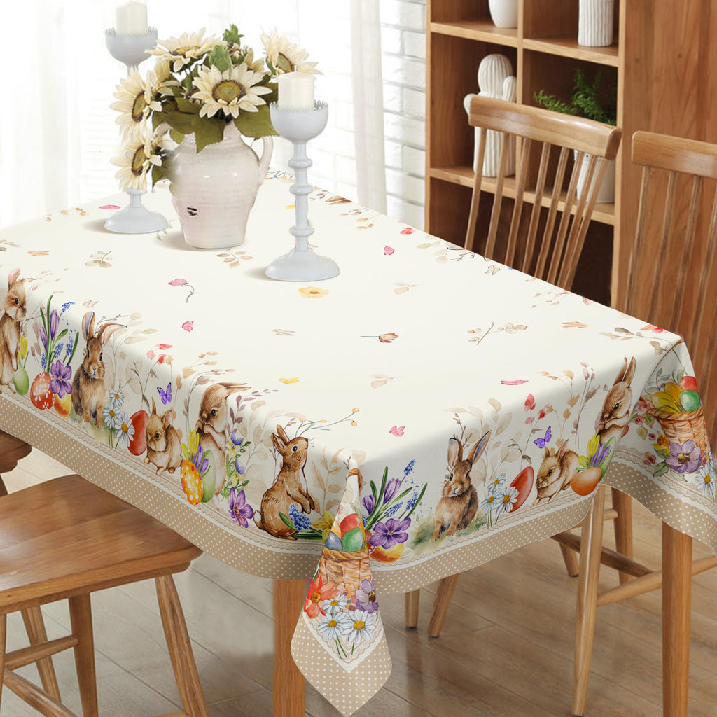 Rectangular Easter Tablecloth 60x120Inch, Spring Floral and Bunny Easter Egg Watercolor Tablecloth, Waterproof