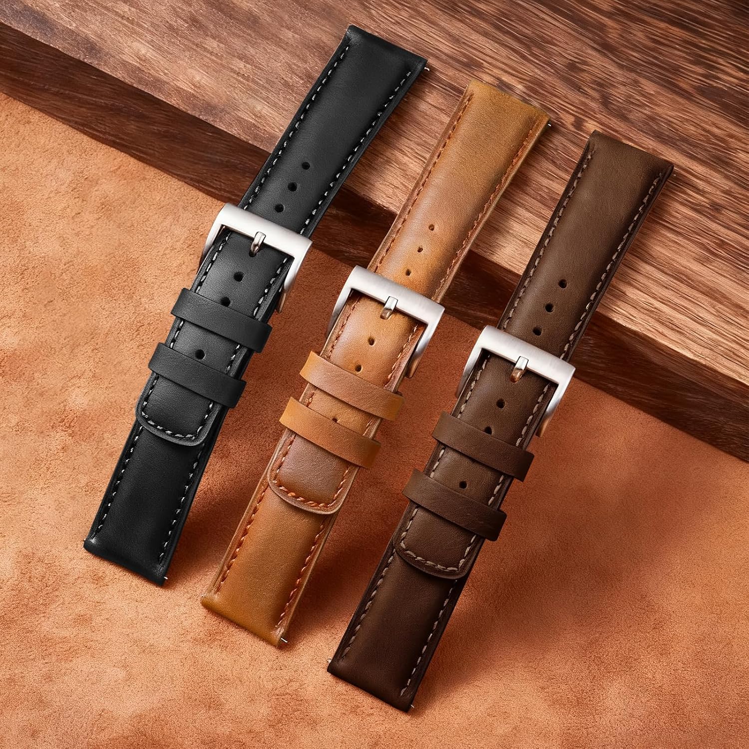Leather Watch Strap - 18mm 20mm 22mm Genuine Watch Bands, Quick Release Watch Band Replacement Wristband for Men Women