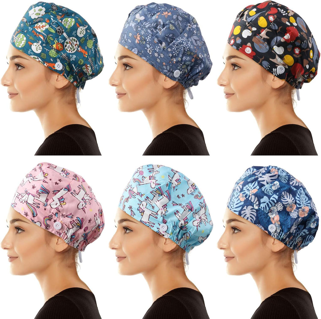 6 Pieces Button Bouffant Surgical Caps Nursing Hats Adjustable Printed Sweatband Working Caps for Women Men Nursing
