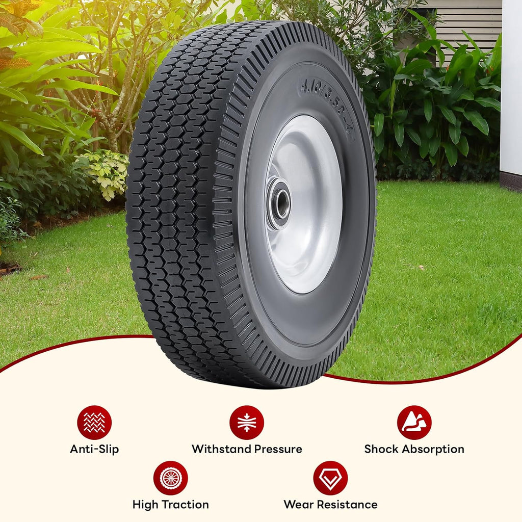 10” Flat Free Tires, 4.10/3.50-4” Solid Tires and Wheels with 5/8” Axle Bore Hole and Double Sealed Bearings