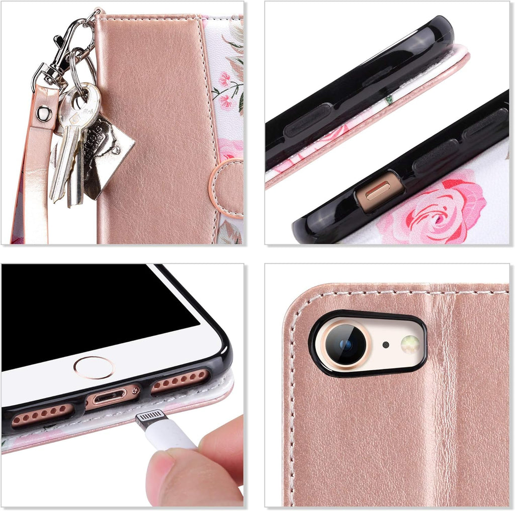for iPhone SE 3(2022)/SE(2020)/8/7 Wallet Case with Card Holder, Premium Floral PU Leather Flip Case with Kickstand
