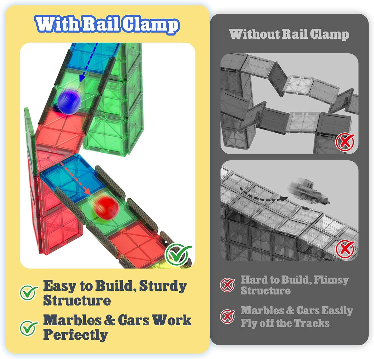 Magnetic Tiles Rail Pack 18-Pieces Magnetic Rail Clamps with Marble Run