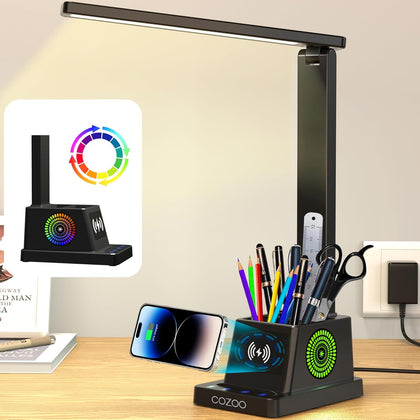 LED Desk Lamp for Home Office,15W Wireless Charger Pen Holder, Black | Desk Light for Bedroom Table, 3 Color Modes 4