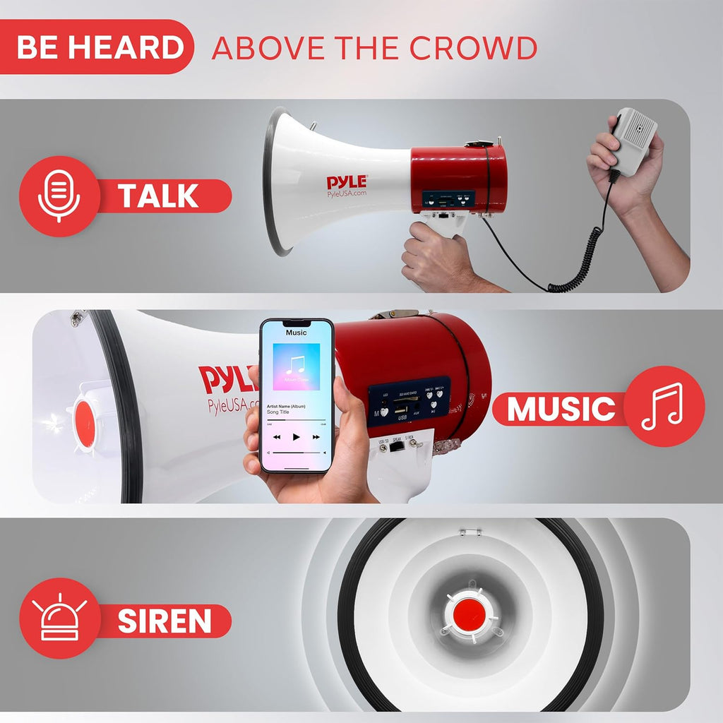 50W Megaphone Bullhorn with Siren & Detachable Microphone - Portable Lightweight Design, Rechargeable Battery, 1600