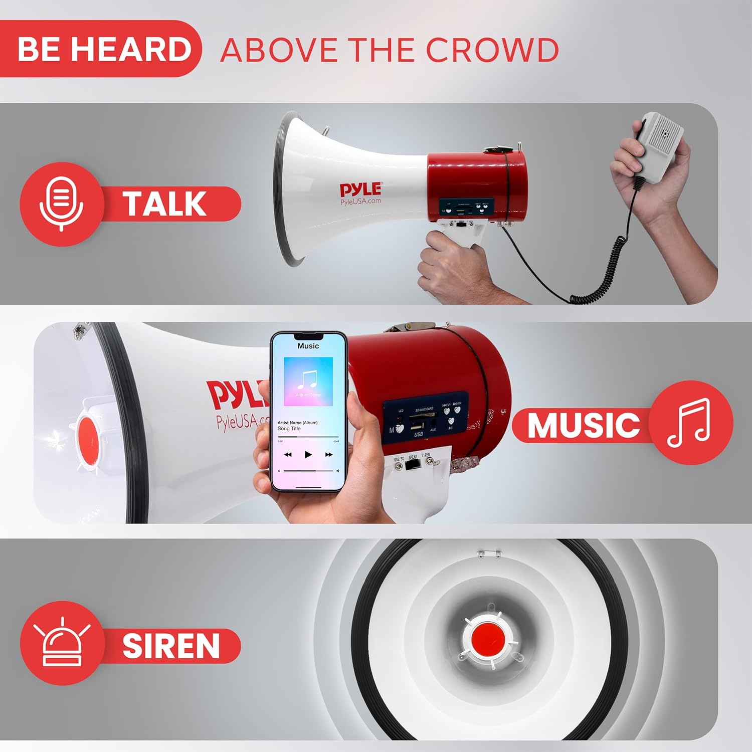 50W Megaphone Bullhorn with Siren & Detachable Microphone - Portable Lightweight Design, Rechargeable Battery, 1600