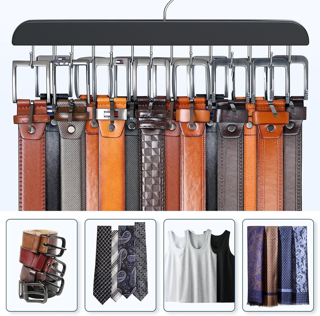 Belt Hanger for Closet Max 42 Belts, Sturdy Wood Belt Rack Closet Accessories with 14 Hooks Belt Organizer for Closet