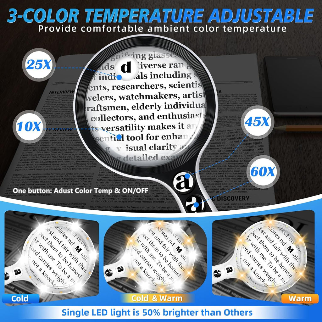 Large Magnifying Glass with Lights,10X 25X 45X 60X Lighted Magnifier | 5-inch Page Magnifier LED Lights,Handheld