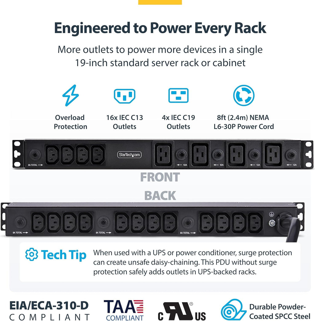 StarTech 20-Outlet 1U PDU, C13 & C19, 30A 240V, TAA (2030B8H-RACK-PDU-IC)