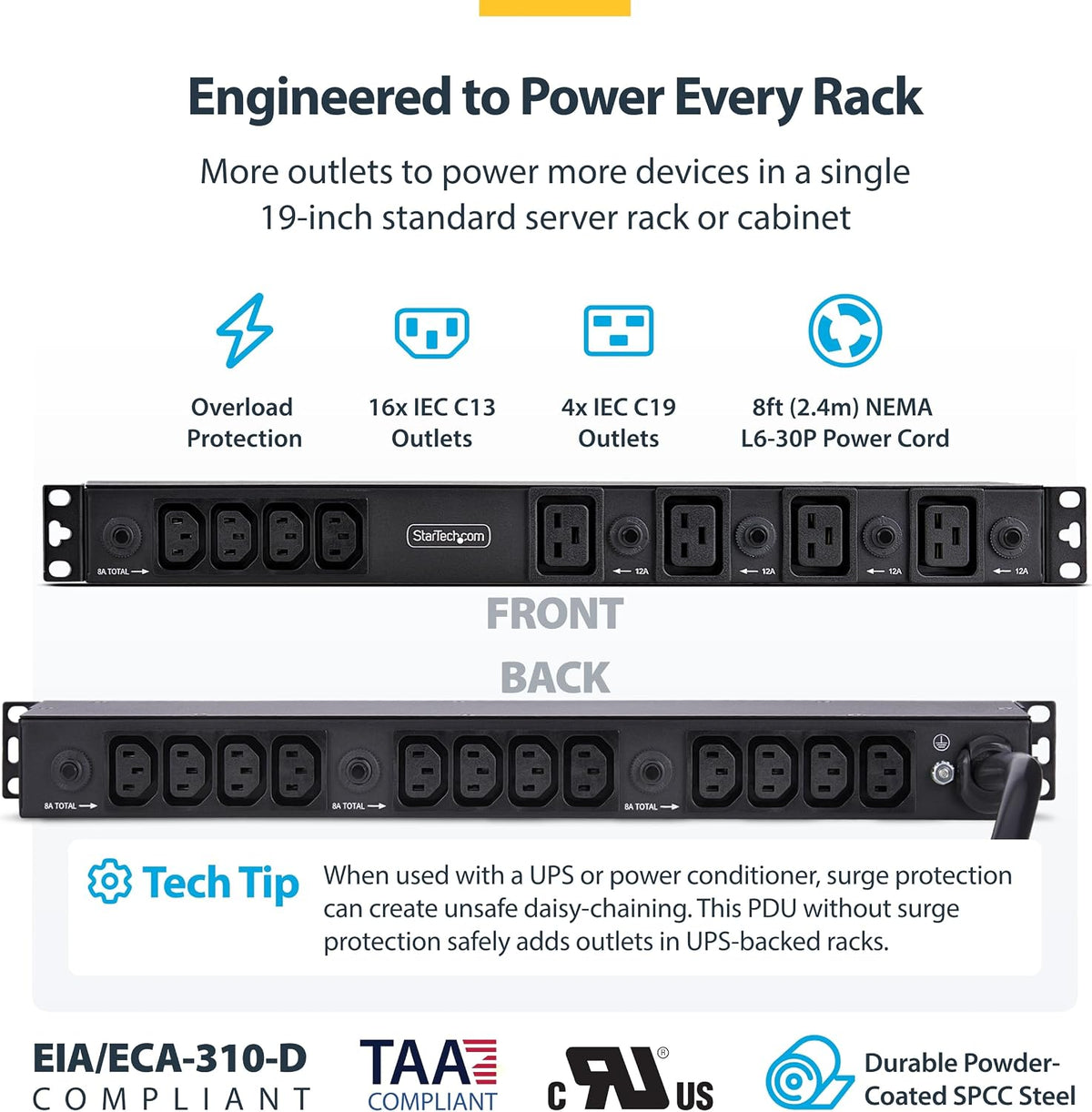 StarTech 20-Outlet 1U PDU, C13 & C19, 30A 240V, TAA (2030B8H-RACK-PDU-IC)