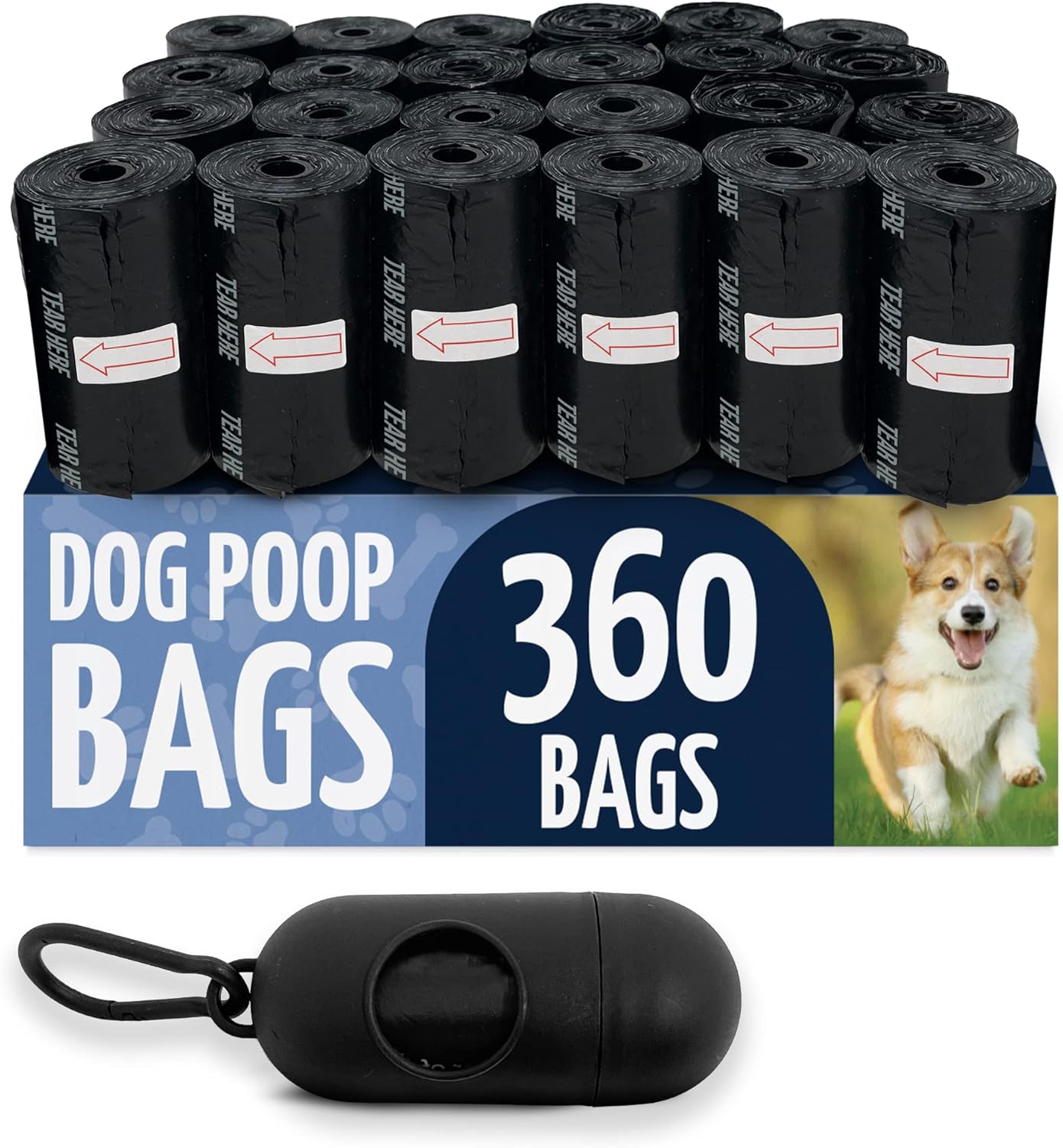 Dog Poop Bags w/Holder (360 Pack - 24 Rolls) | Leash Clip Dispenser | 9x13" Large Dog Bag for Poop | Black Pet Waste