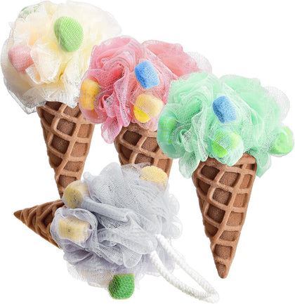 4 Pieces Kids Loofah Ice Cream Cone Bath Sponge Kids Bath Shower Sponge Body Scrubber Exfoliating Loofah for Spa Shower