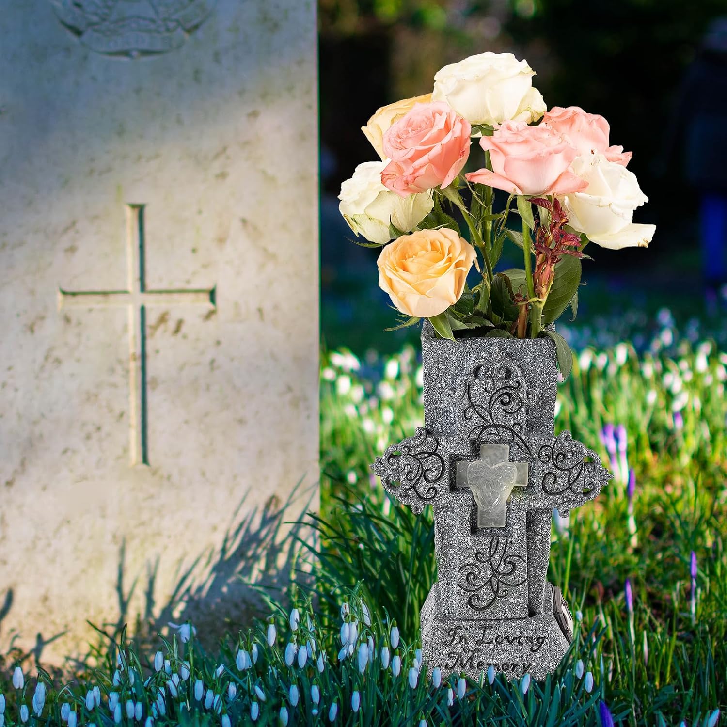 Solar Cemetery Vase with LED for Fresh/Artificial Flowers Grave Flower Cross Vase Headstones Vases with Spikes