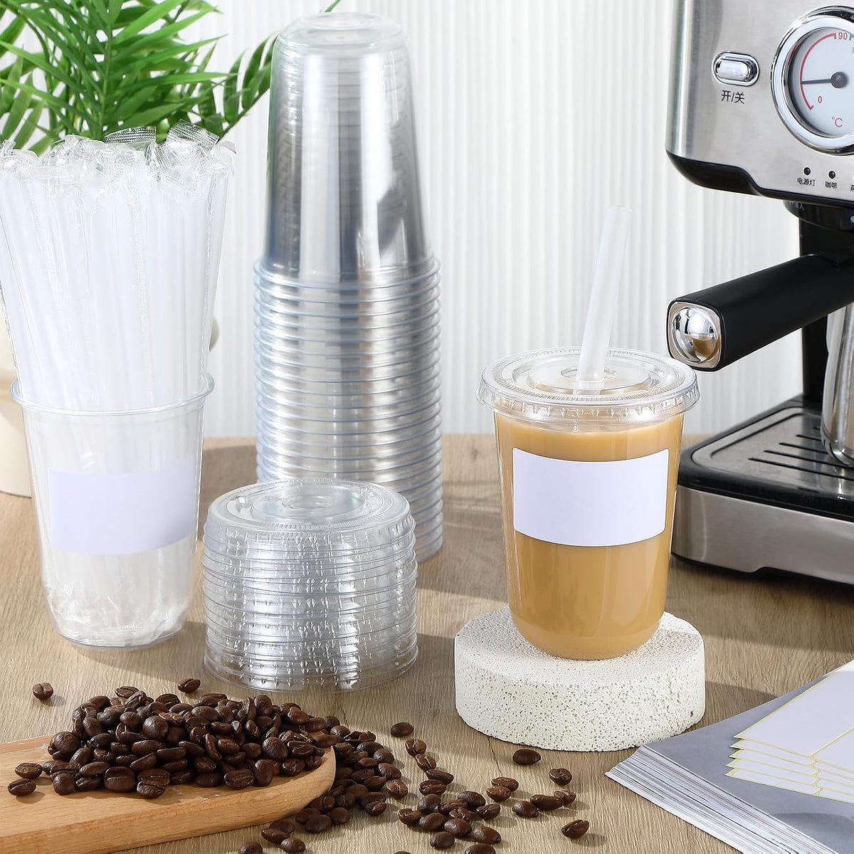 25 Sets Clear Plastic Cups with Lids, Straws and Stickers,16 oz