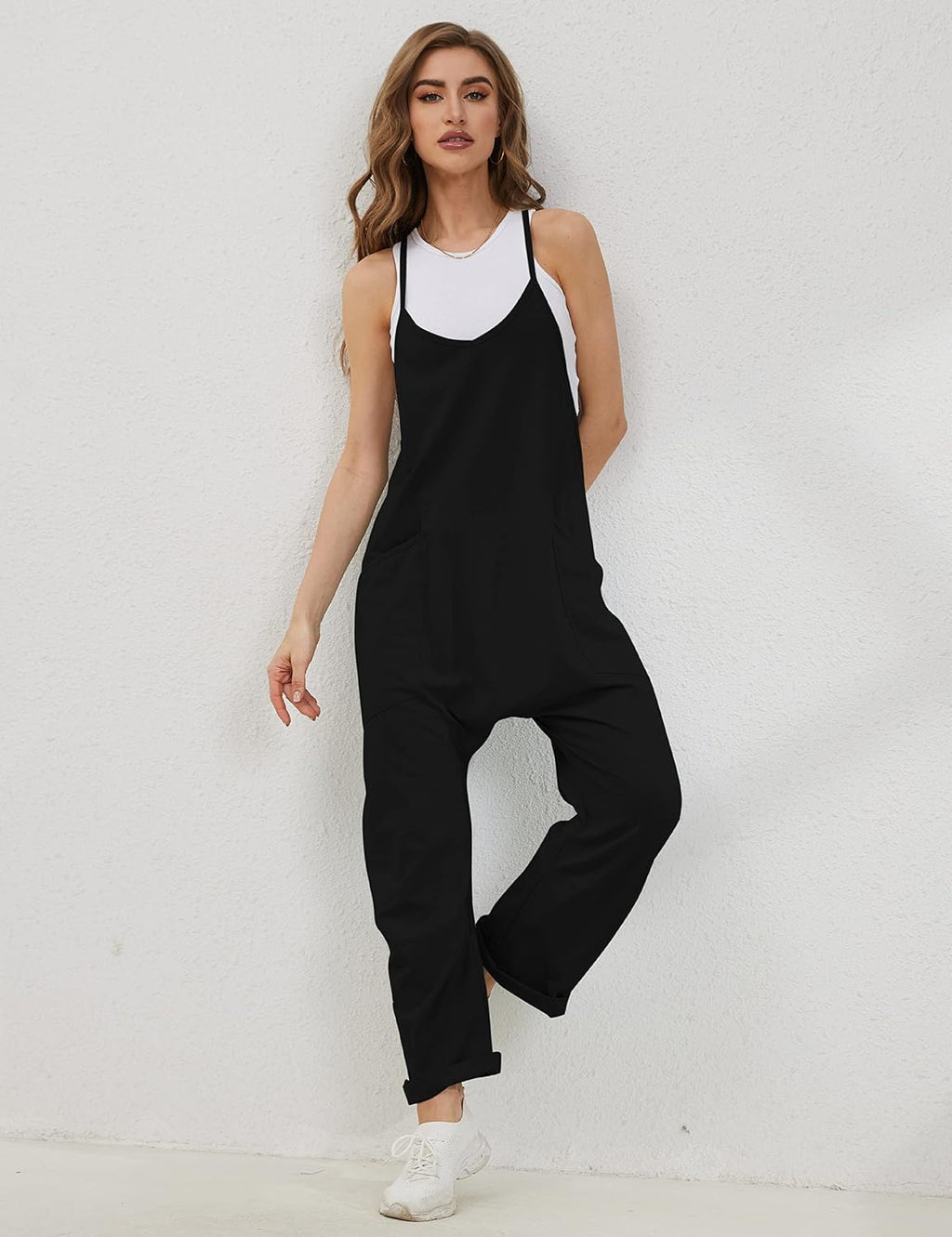 Women's Causal Jumpsuits V Neck Sleeveless Harem Overalls Stretchy Adjustable Strap Romper with Pockets