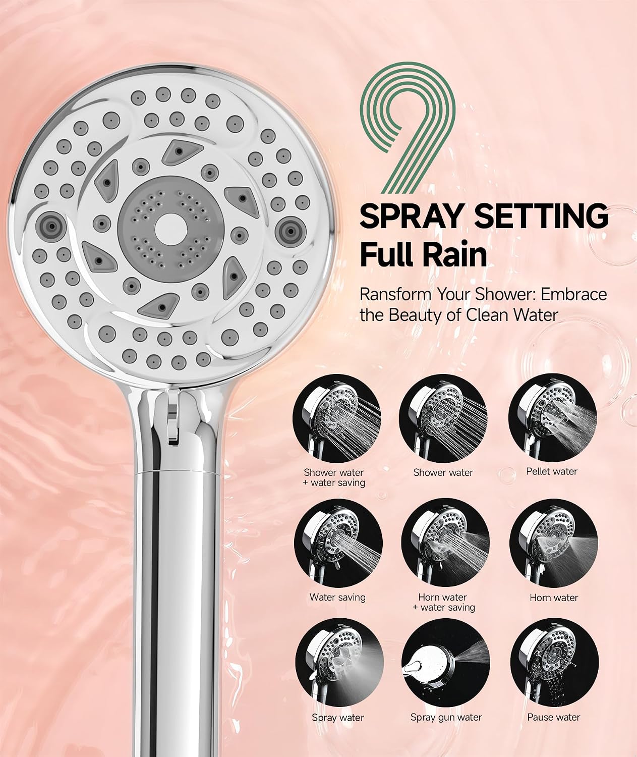 Filtered Shower Head with Handheld, 9-Spray Setting Detachable Showerhead with Filters, Shower Head for Hard Water