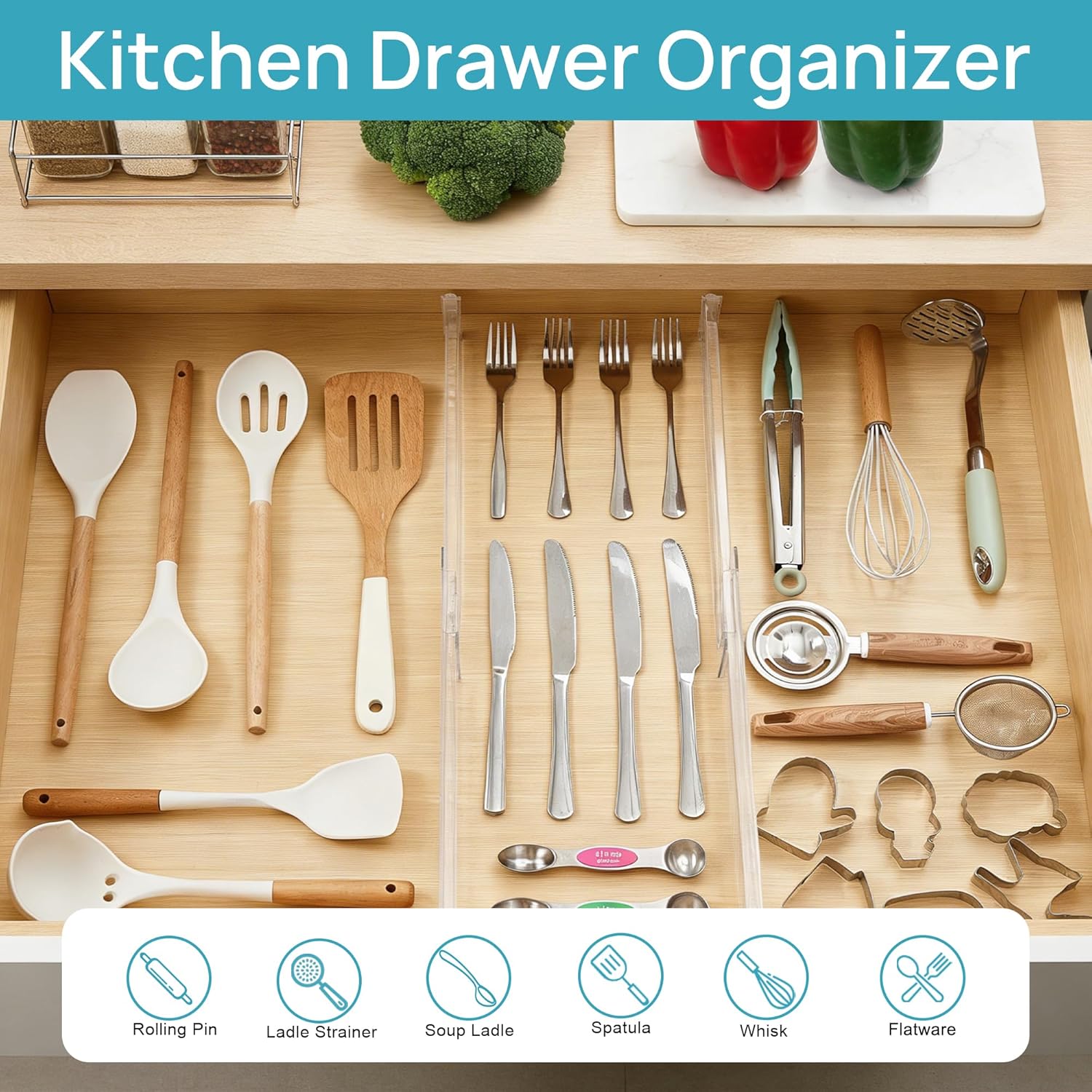 8 Pack Shallow Drawer Dividers, 2.36" High 12.5"-20.8" Adjustable Expandable Kitchen Drawer Organizer, Clear Plastic