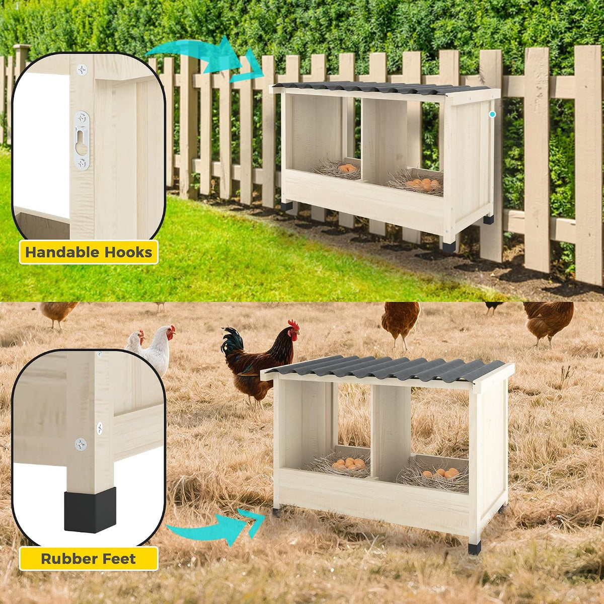 Wooden Chicken Nesting Box, Wall Mounted or Floor Use, 2 Holes