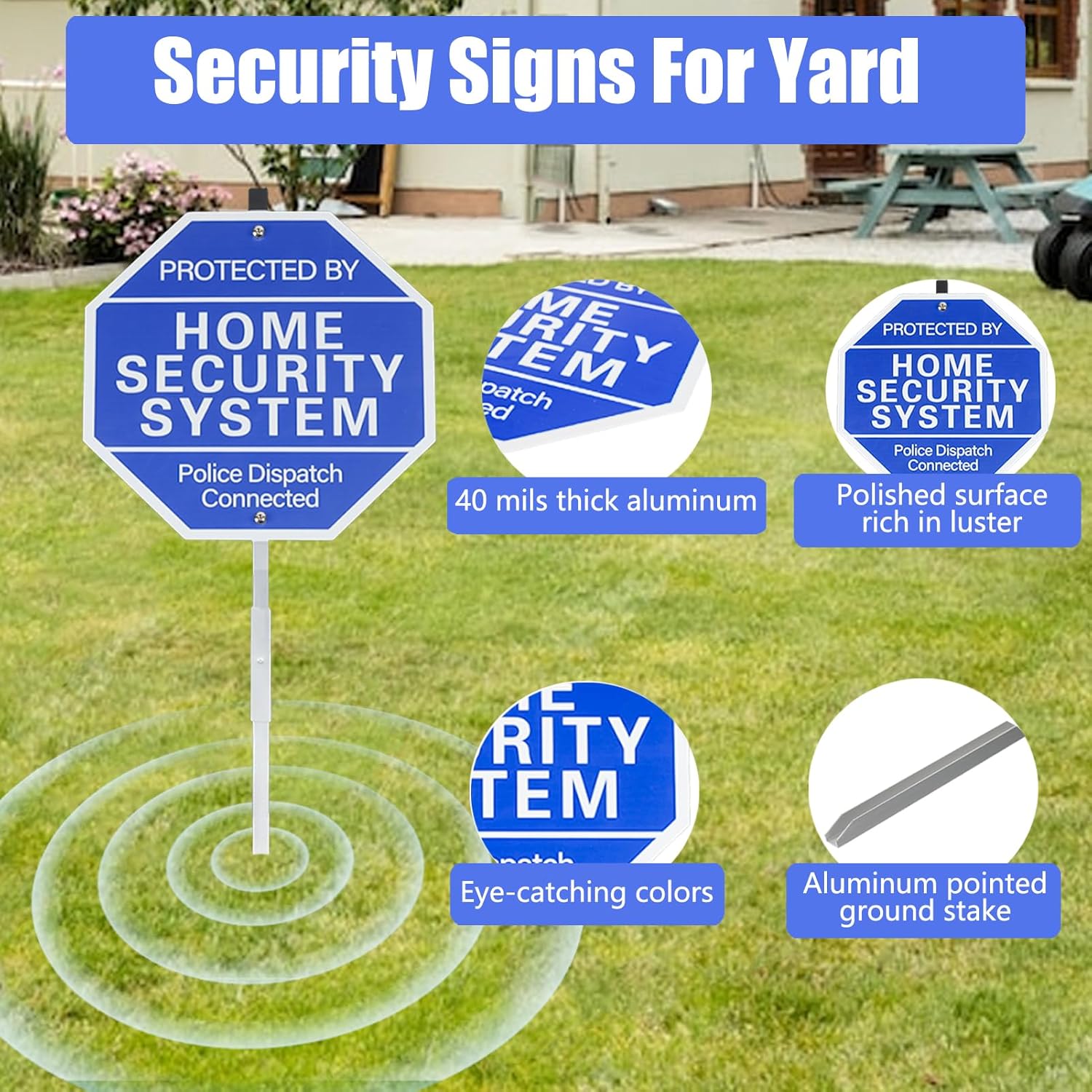 Protected By Home Security System Signs for Yard - 10" x 28" Police Dispatch Connected Warning Sign with Ground