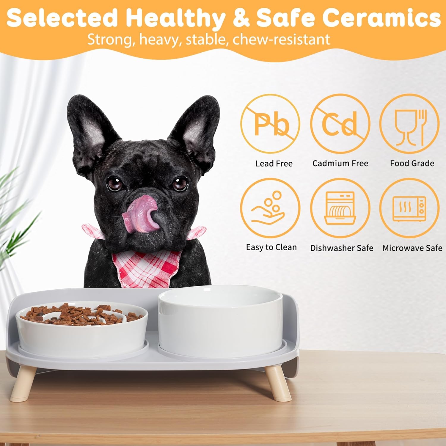 Elevated Slow Feeder Dog Bowls - Ceramic Food and Water Bowl Set with Stand - Raised Pet Dishes for Small and Medium