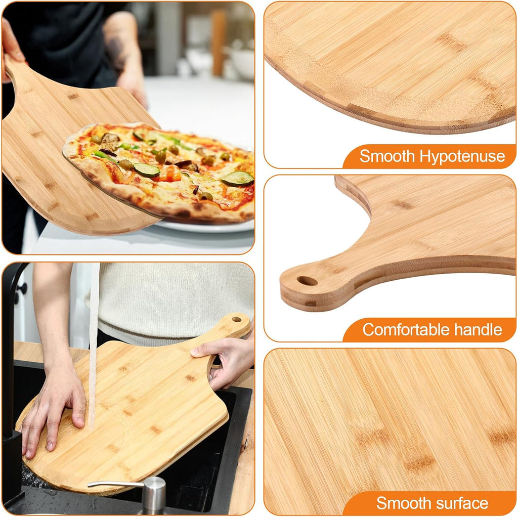 3 Pcs Round Pizza Stone Set, 12" x 17" Bamboo Pizza Peel with Foldable Wooden Handle & Rocker Cutter Addle Cutting