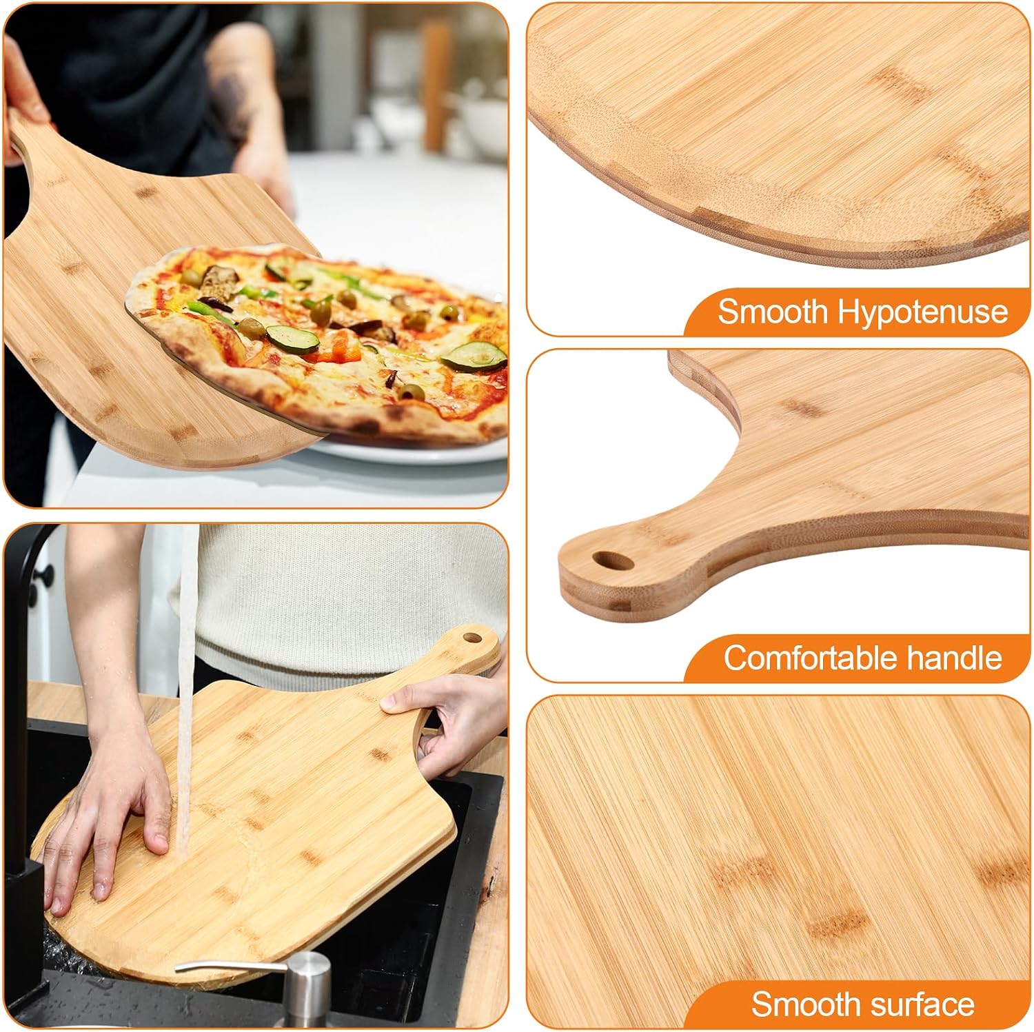 3 Pcs Round Pizza Stone Set, 12" x 17" Bamboo Pizza Peel with Foldable Wooden Handle & Rocker Cutter Addle Cutting