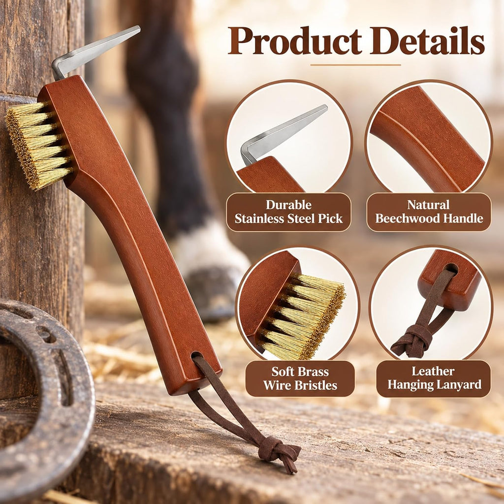 Horse Hoof Pick, Stiff Bristled Brass Wire Brush with Wooden Grip