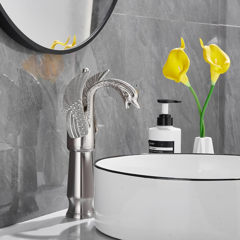 Brushed Nickel Swan Shape Single Handle 1Hole Bathroom Vessel Sink Faucet Deck Mount Lavatory Sink Faucet