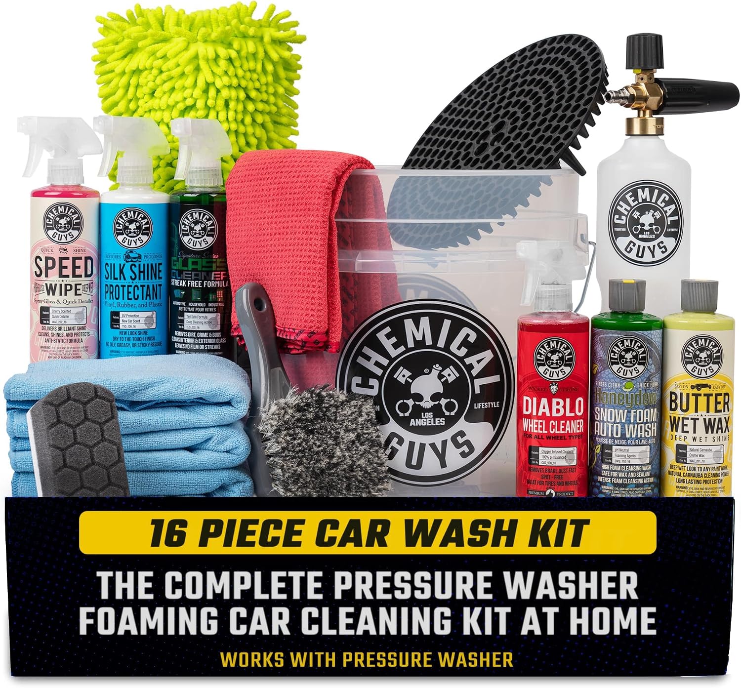 16-Piece Arsenal Builder Car Wash Kit with Foam Cannon, Bucket, and 6 x 16 oz Care Chemicals - Car Detailing Kit