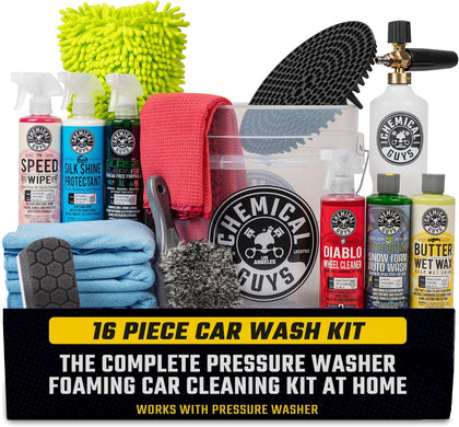 16-Piece Arsenal Builder Car Wash Kit with Foam Cannon, Bucket, and 6 x 16 oz Care Chemicals - Car Detailing Kit