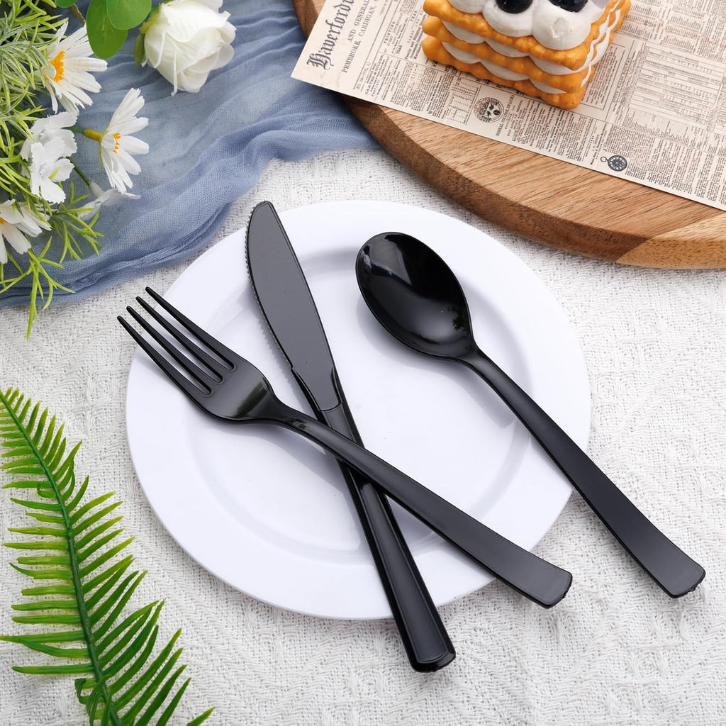 360pcs Heavy Duty Black Plastic Silverware Set for Weddings