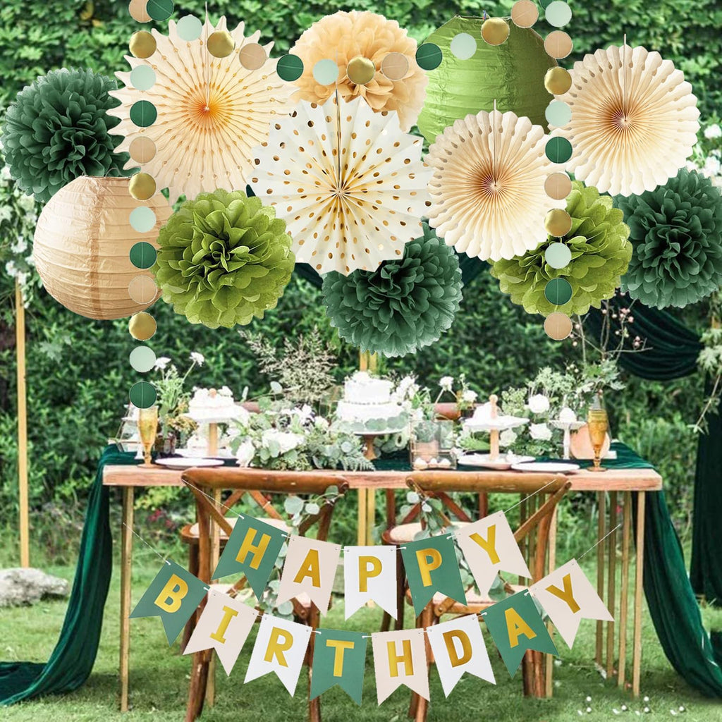 Green Birthday Party Decorations Olive Green Birthday Cream Tissue Pom Poms Paper Lanterns Circle Garland Hanging