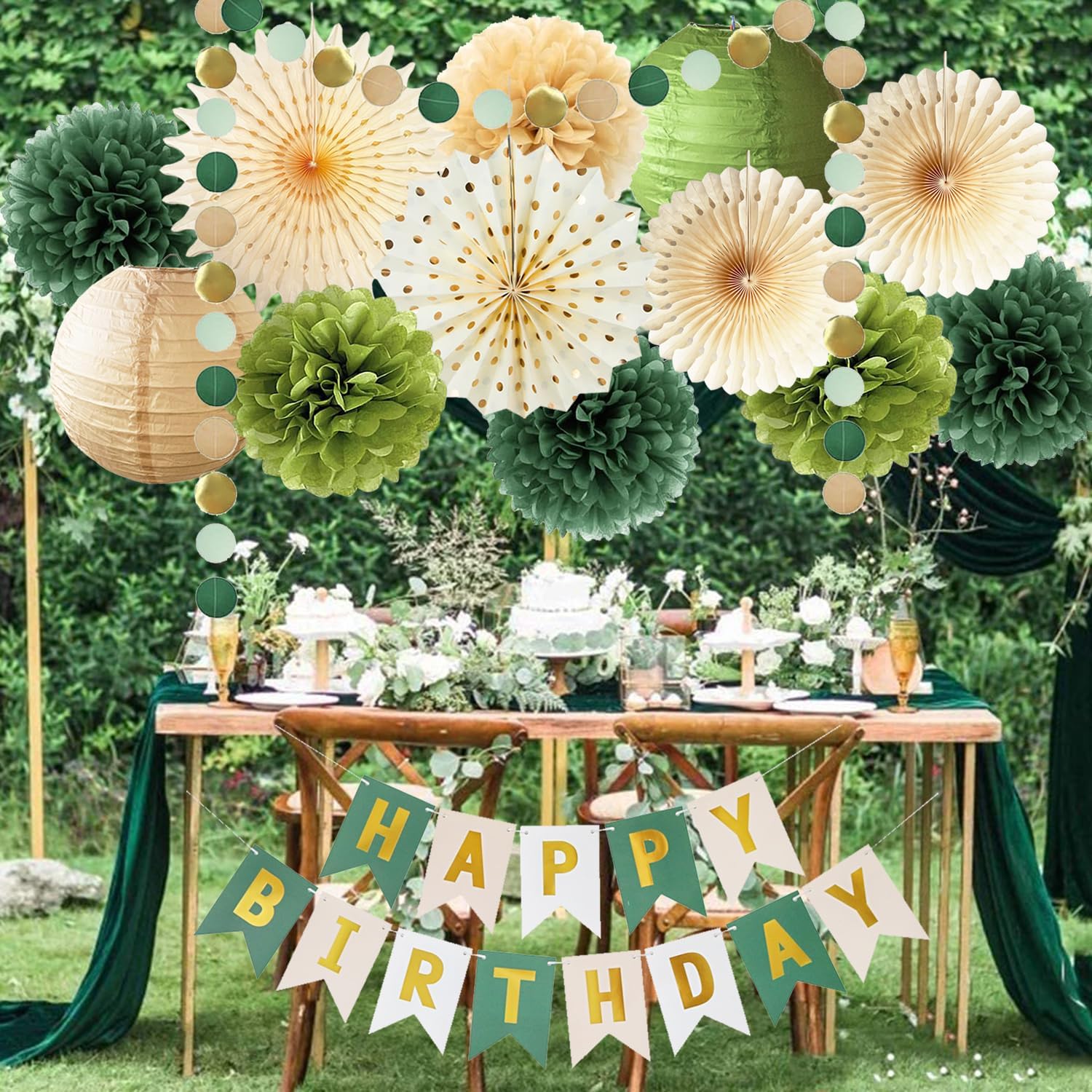Green Birthday Party Decorations Olive Green Birthday Cream Tissue Pom Poms Paper Lanterns Circle Garland Hanging