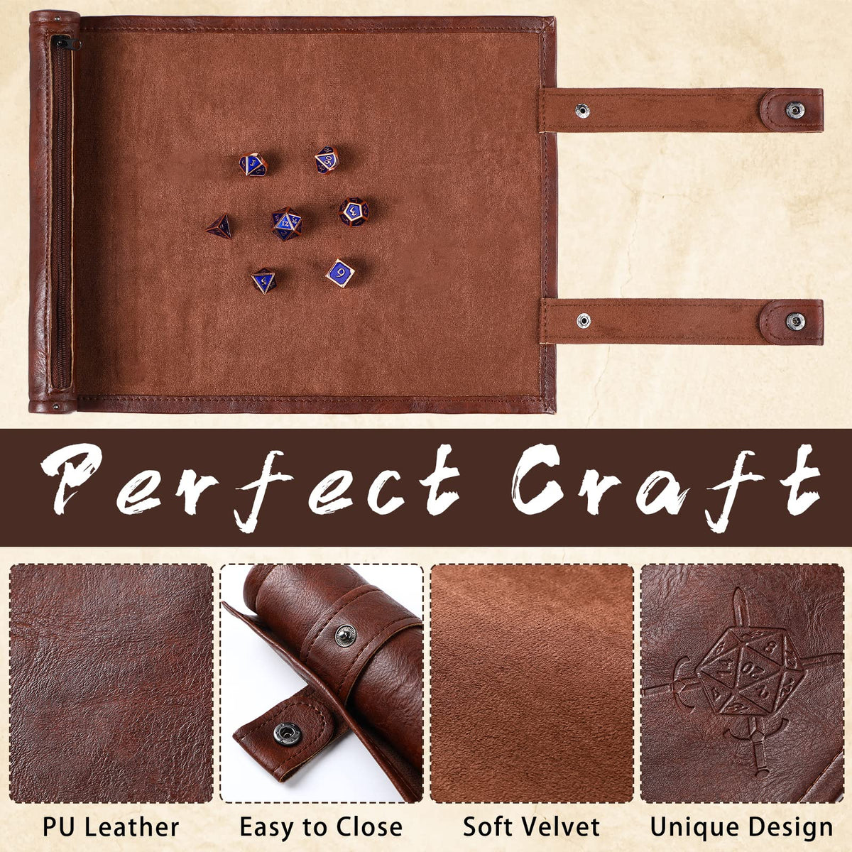 Dice Mat Tray Rolling Mat with Zipper PU Leather Folding Scroll Dice Bag Holder Table Christmas Game
