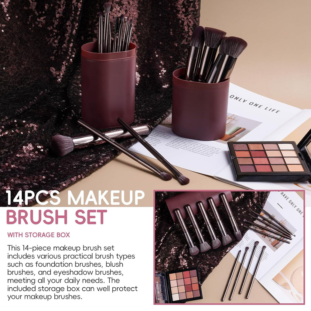 14 Pcs Professional Makeup Brushes Set with Travel-friendly Case - Perfect for Eyeshadow Brush & Foundation Brush for