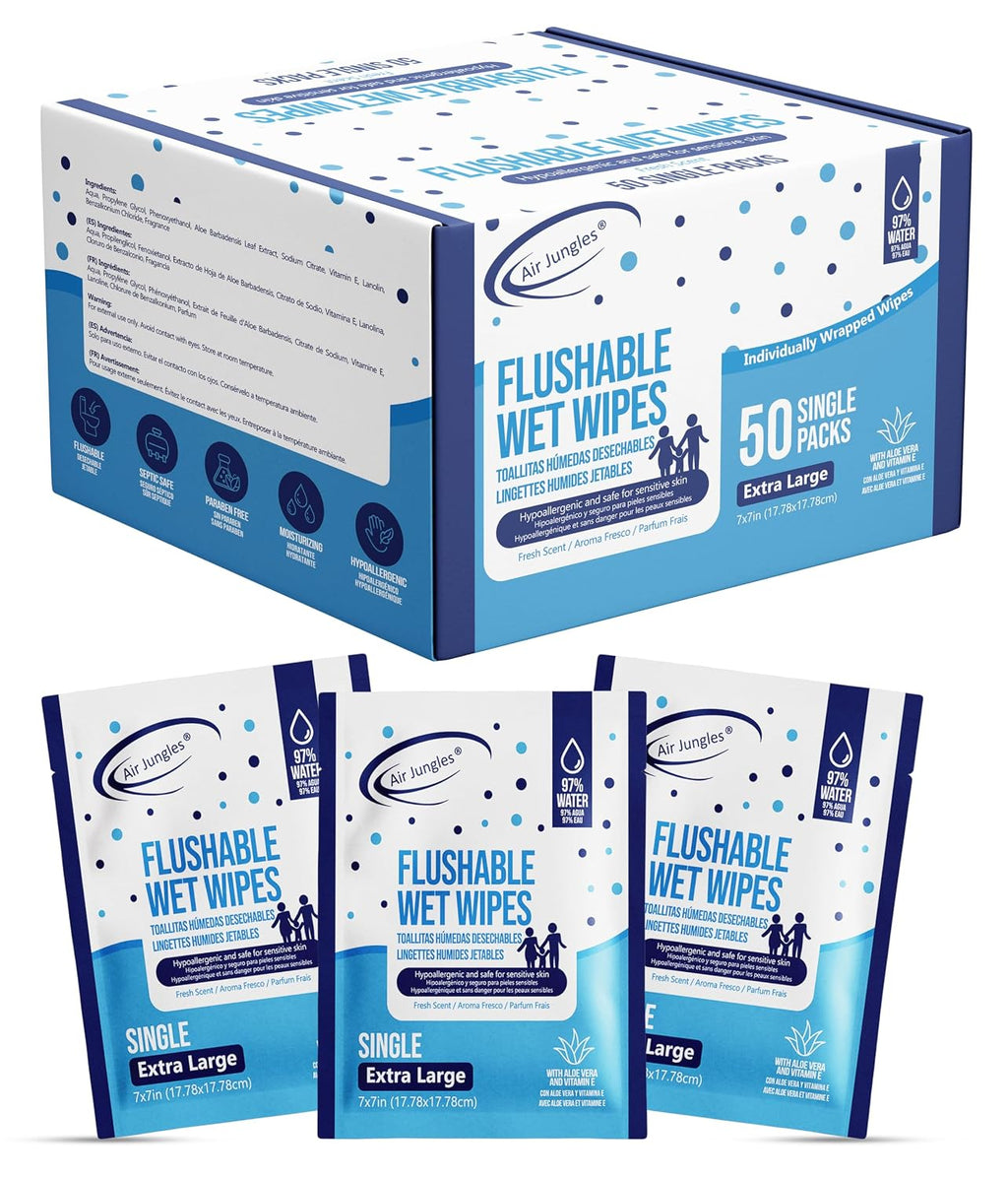 Flushable Wipes Travel Size Individually Wrapped 50 Ct