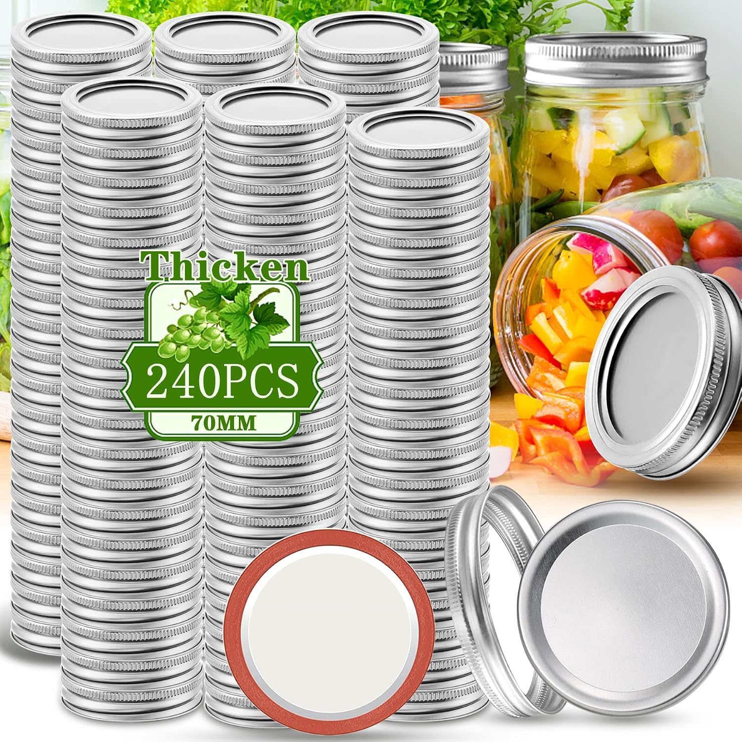 Canning Lids and Rings Regular Mouth,240 Pcs 70MM Mason Jar Lids and Rings Set for Regular Mouth Canning,Split-type