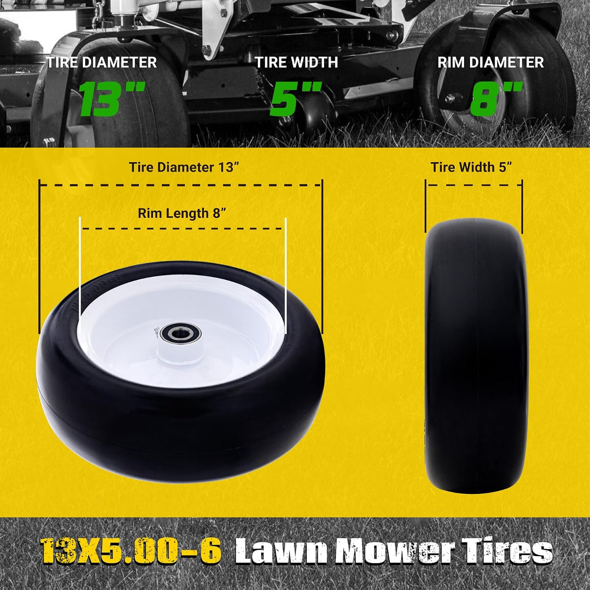 (2 Pack) 13x5.00-6 Flat Free Lawn Mower Tire and Wheel Assembly | Universal 3/4", 5/8" and 1/2" Bearings, 4.3"-6.7"