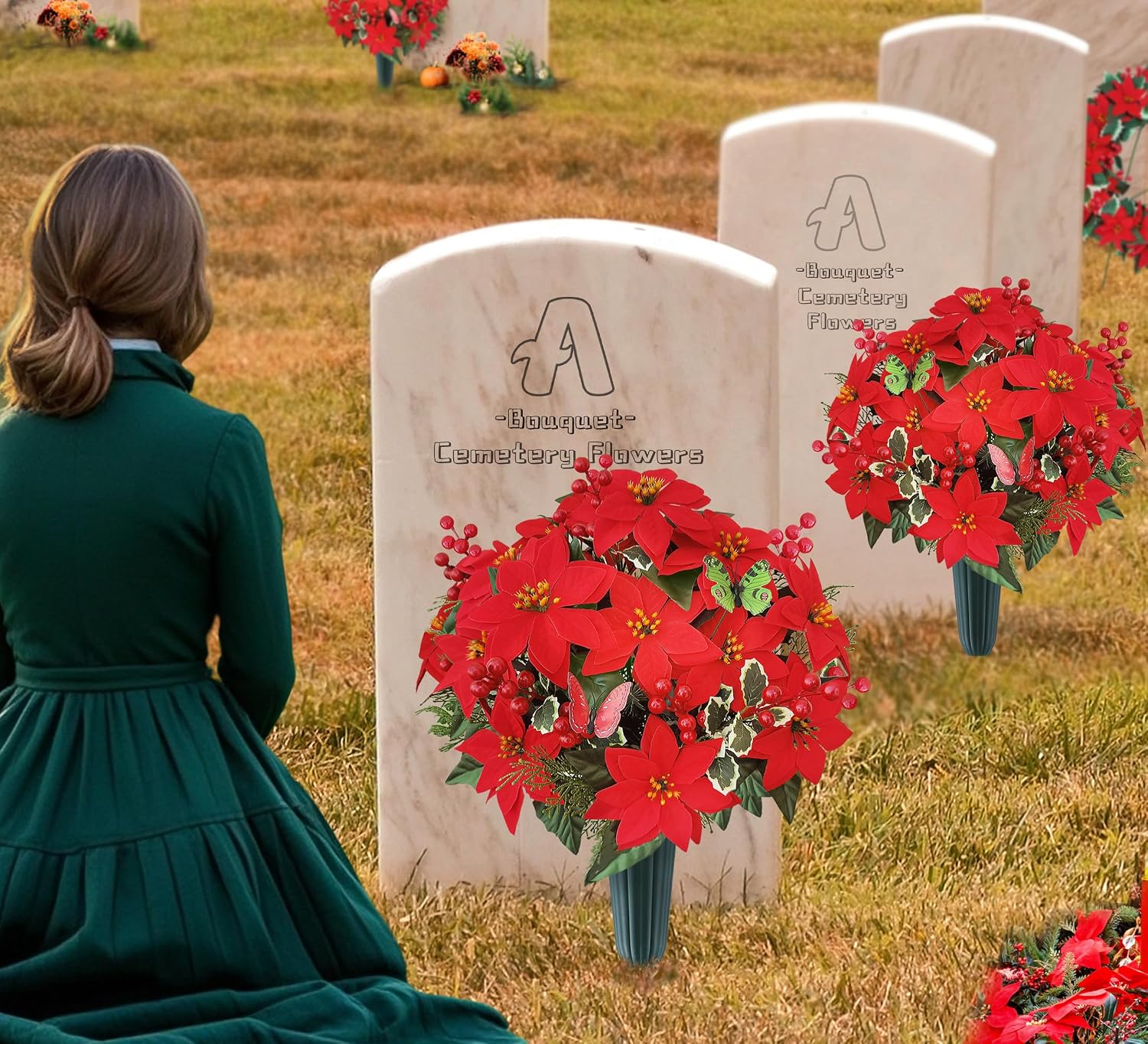 Christmas Cemetery Flowers for Grave- Poinsettia Artificial Flower with Vase for Headstones Graveyard Graveside