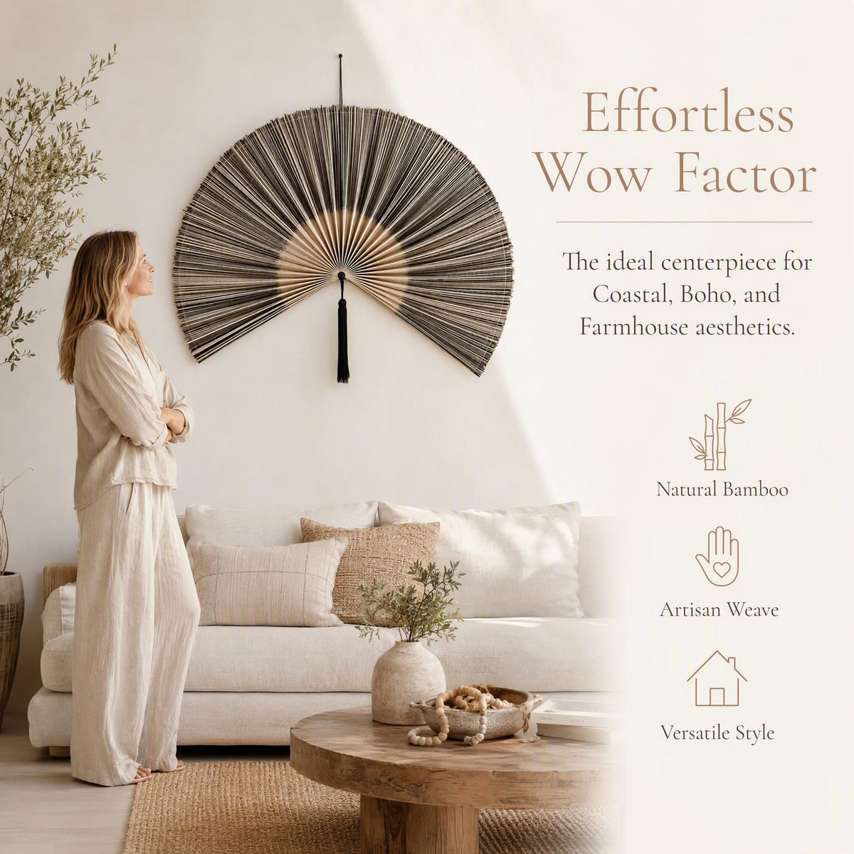Fan Wall Decor，Large Bamboo Wall Fan For Over Bed Hanging Headboard (A)