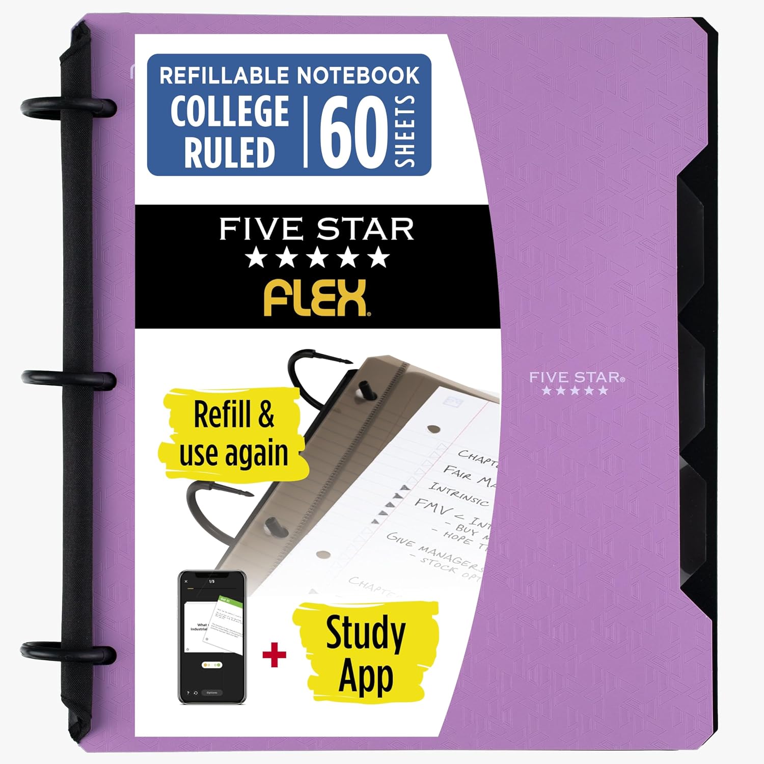 Flex Refillable Notebook + Study App 1 Inch O-Rings Binder with Pockets Tabs and Dividers, 220 Sheet Capacity