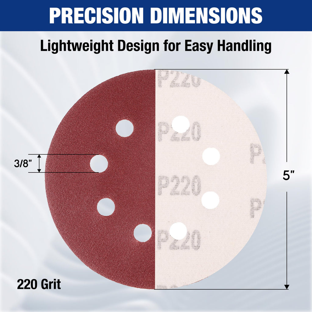 WORKPRO Sanding Discs, 5-Inch 220 Grit 8-Hole Hook and Loop, 150 Pack