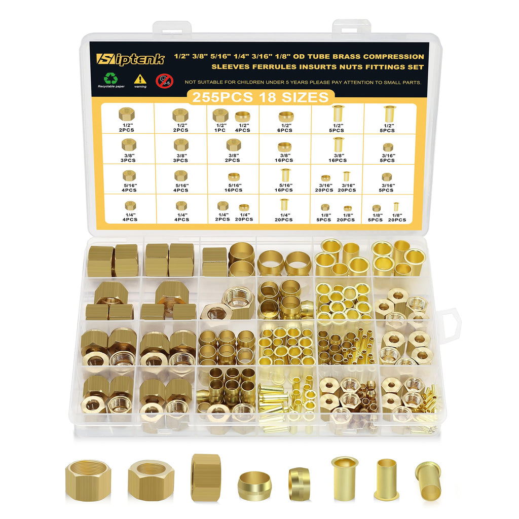 Siptenk 255PCS Brass Compression Sleeves Ferrules Inserts Nuts Fittings