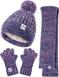 Kids Winter Hat Gloves Scarf Set,Girls Toddler Winter Hat Beanie with Pom Neck Warmer Gaiter Mittens Fleece Lined Set