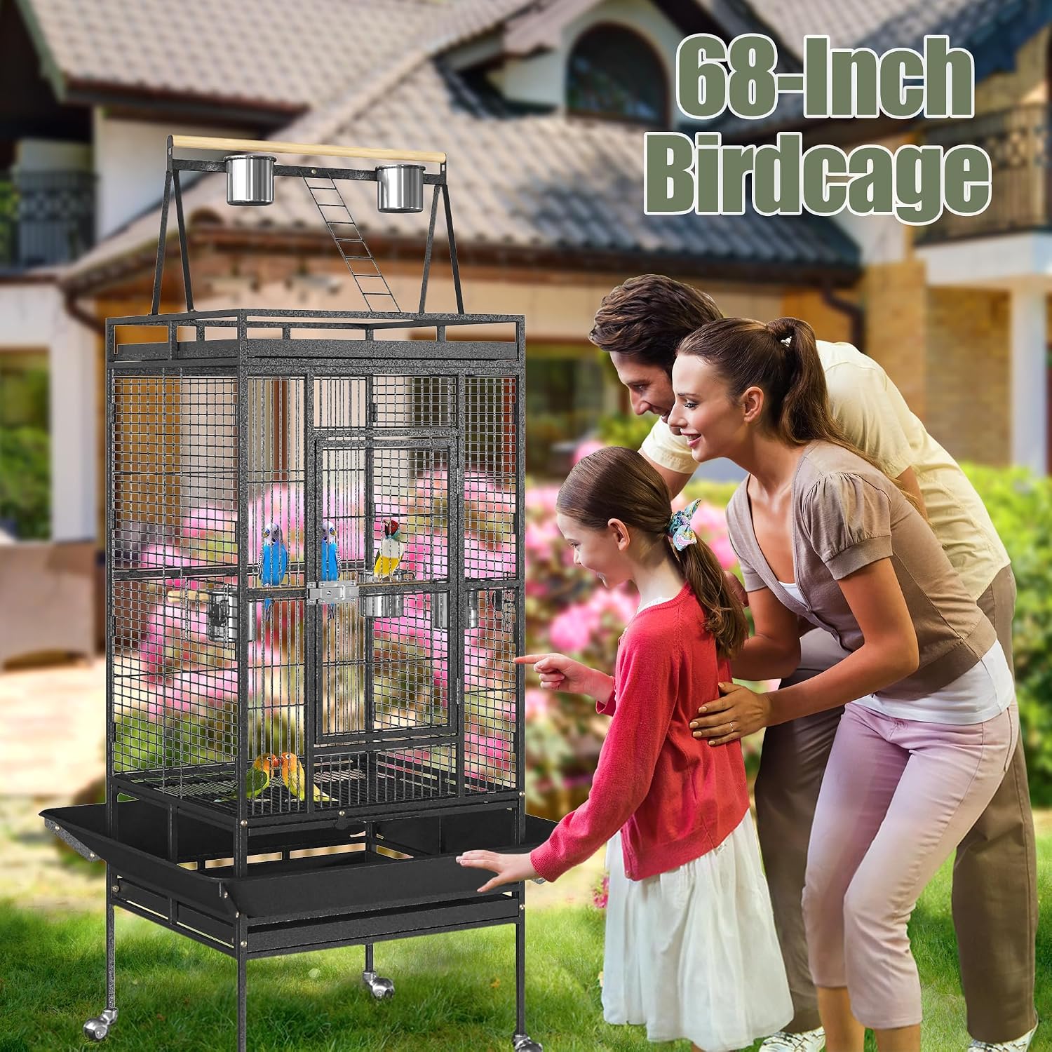 68-Inch Birdcage, Playtop Parrot Cage, Wrought Iron Bird Cage with Rolling Stand, Heavy-Duty Pet Bird House for