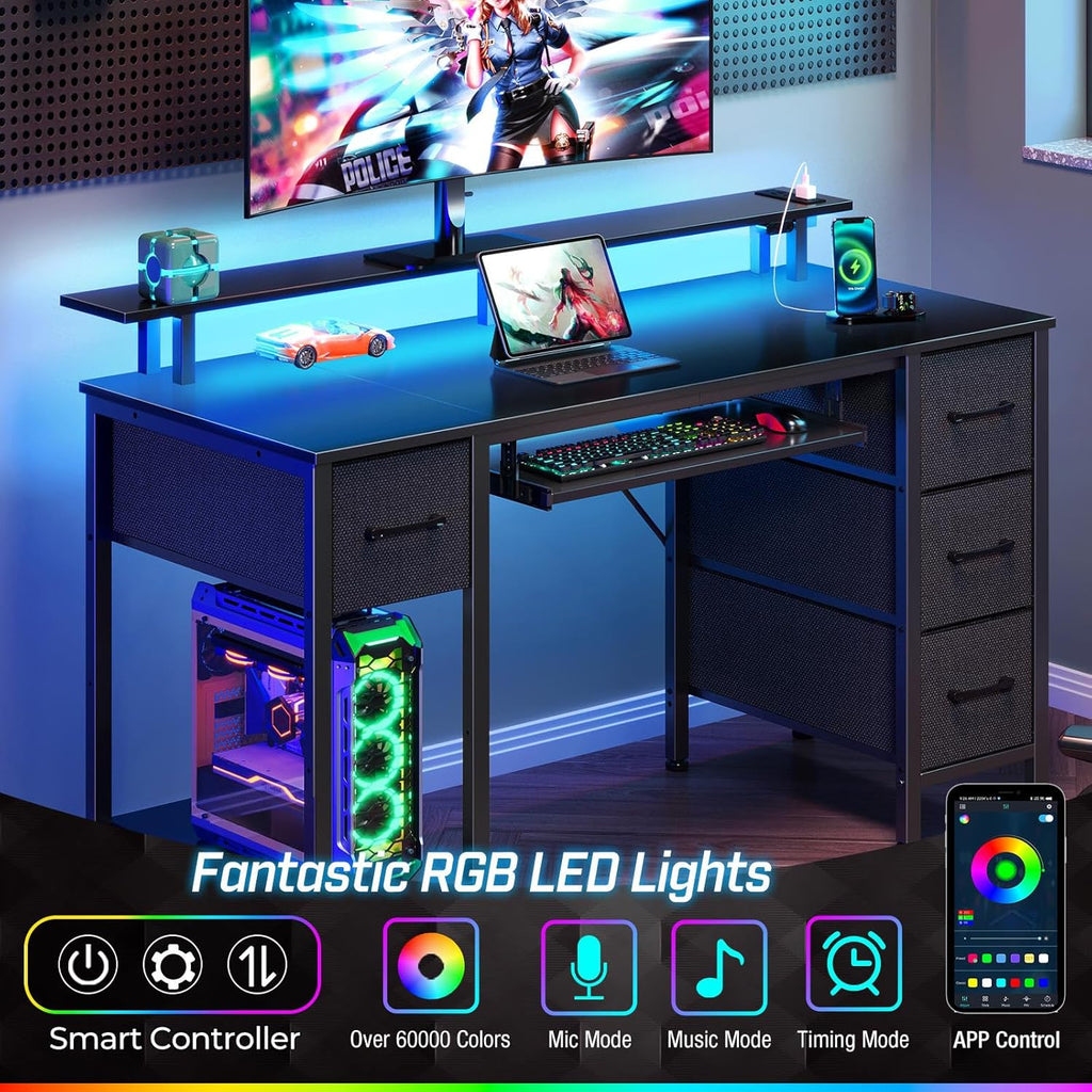 Computer Desk 47.2" with LED Lights & Power Outlets, Home Office Desk with 4 Drawers, Writing Desk with Keyboard