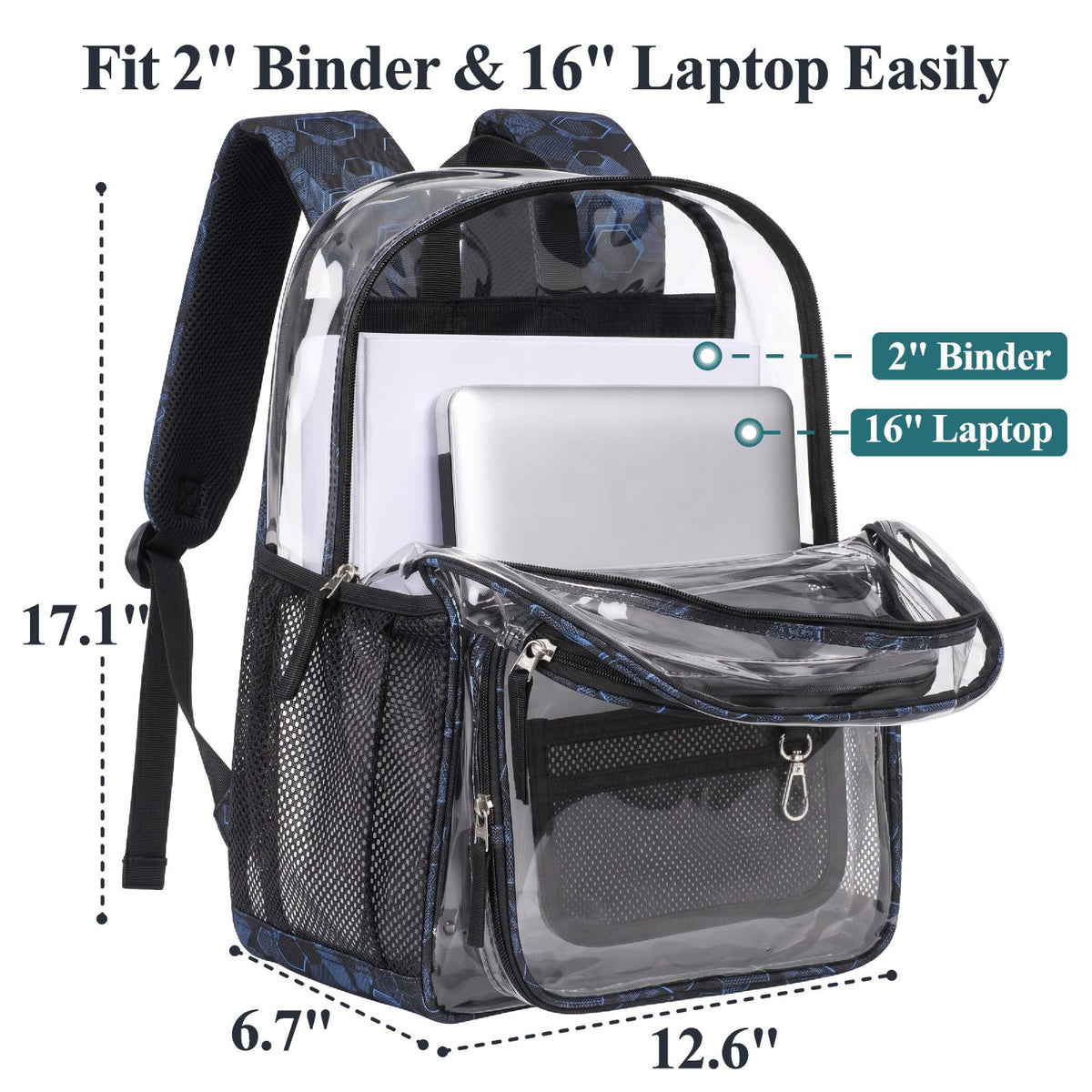 Clear Backpack for School - 17 Inch Geometric Pattern Bookbag, Blue
