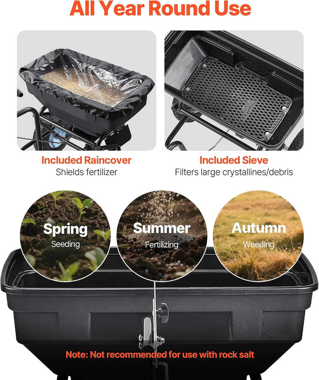 Tow Behind Broadcast Spreader, 130LBS Capacity, Tow/Push Garden Spreader with 13 in Tires, 30 Adjustable Setting &