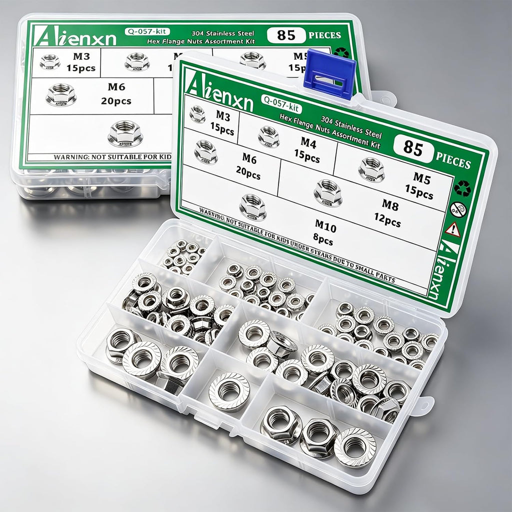 85PCS Hex Flange Nuts Assortment, 304 SS, 6 Metric Sizes M3-M10