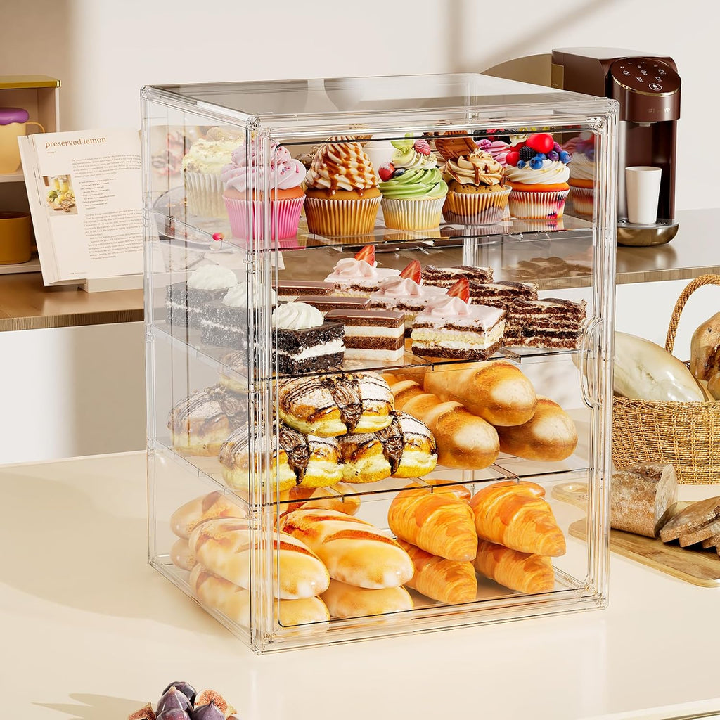 Pastry Display Case, 3 Tier Bread Box for Kitchen Countertop, Acrylic Cookie Display Stand with Magnetic Door, Large