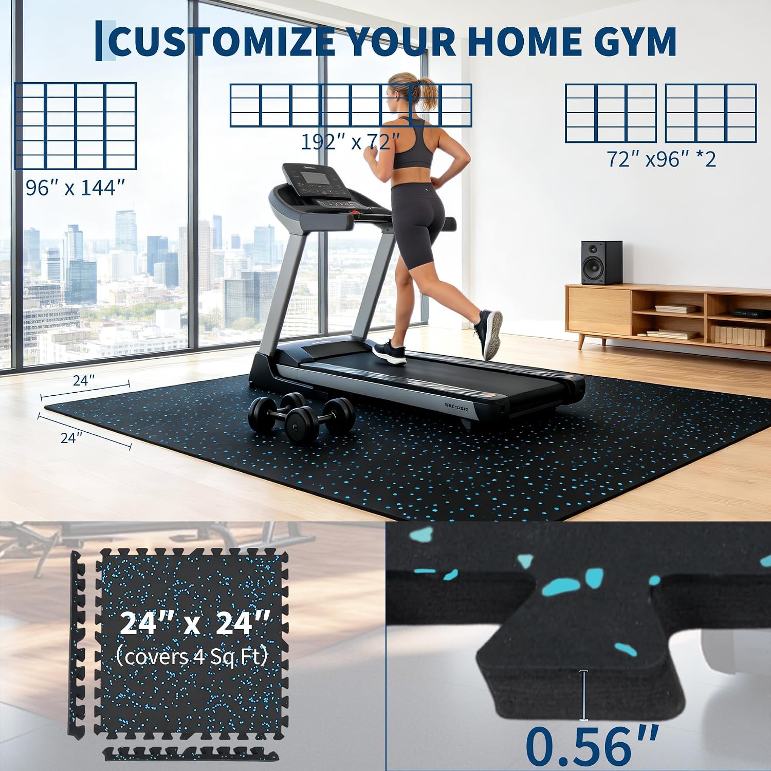 0.56" Thick 48 Sq ft Exercise Equipment Mats,12 Tiles Rubber Interlocking Puzzle Gym Flooring with High Density EVA